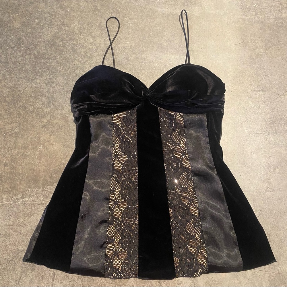 Cache Black and Gray Lace Tank Top